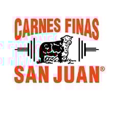 Carnes Finas San Juan logo with red text and black cow illustration between barbell weights