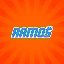 Ramos logo in blue text on an orange radial starburst background